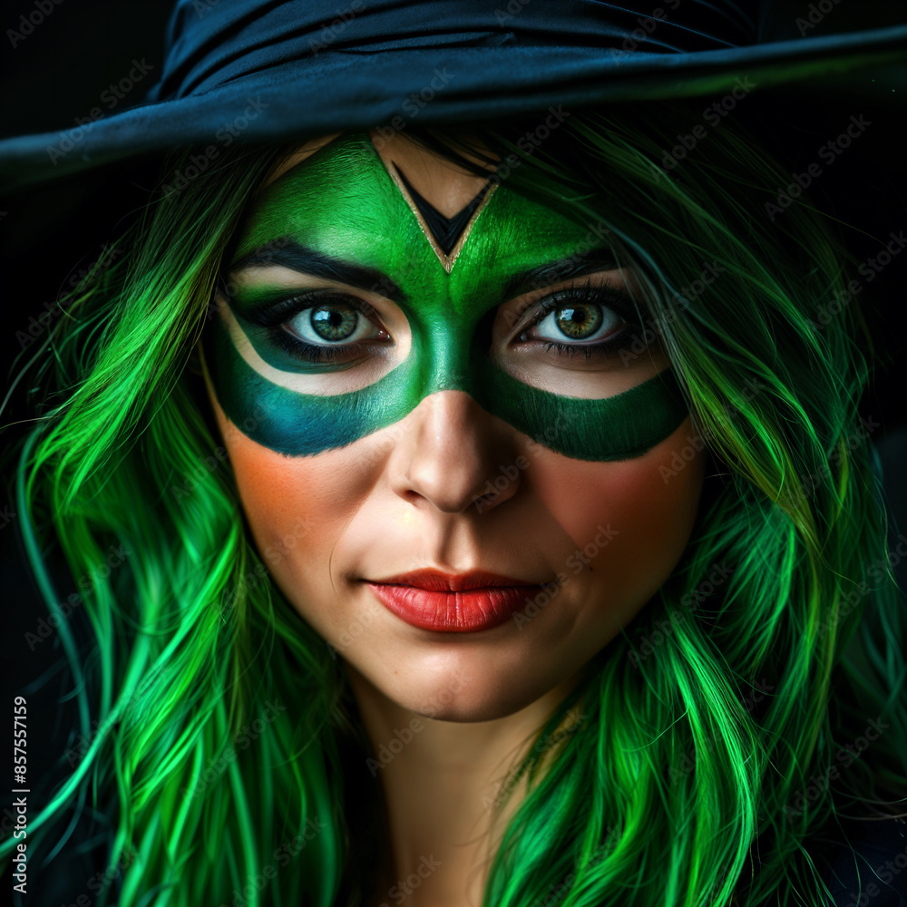 A woman with vibrant green hair and striking makeup, including a bold black and white eye design. She is wearing a black hat and has a serious expression on her face.