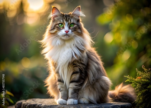 A Majestic, Long-Haired Cat Sits On A Rock In The Forest, Surrounded By Green Foliage And Sunlight.