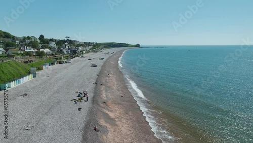 Budleigh Salterton Beach from a drone, Otter Estuary Nature Reserve, Jurassic Coast, Littleham Cove, Exmouth, Devon, England, United Kingdom photo