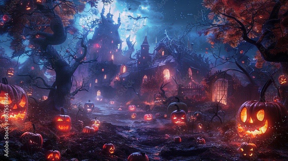 A haunted house surrounded by countless glowing Jack-o'-lanterns under the moonlit night with an eerie atmosphere filled with mist and sinister shadows. A haunted house surrounded by countless glowing Jack-o'-lanterns under the moonlit night with an eerie atmosphere filled with mist and sinister shadows.