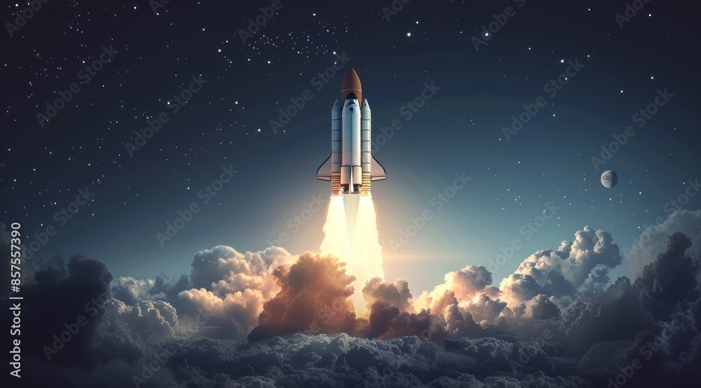 Obraz premium Space Shuttle Launch Through the Clouds