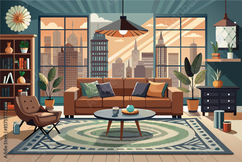 Living room with furniture and cityscape background. A cozy space with stylish decor and a stunning view of the city.