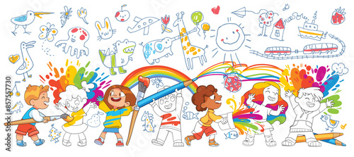 Kids got dirty in the paint drawing funny doodles on the wall. Colorful cartoon characters. Funny vector illustration. Isolated white background. Seamless childrens panorama for your design
