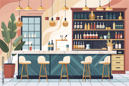 Bar counter with wine bottles and stools. A cozy spot to enjoy a glass of wine and relax.