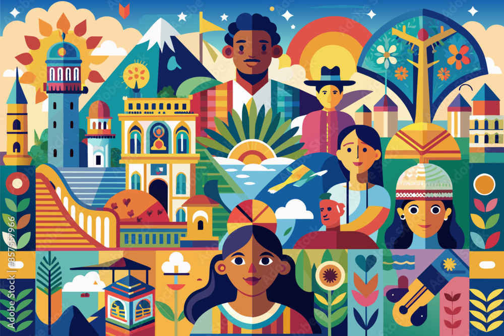 A poster featuring a diverse group of people in front of a city skyline. A poster featuring a diverse group of people in front of a city skyline.