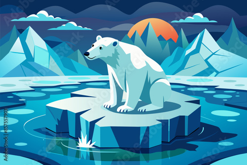A polar bear stands on an ice floe in the Arctic landscape.