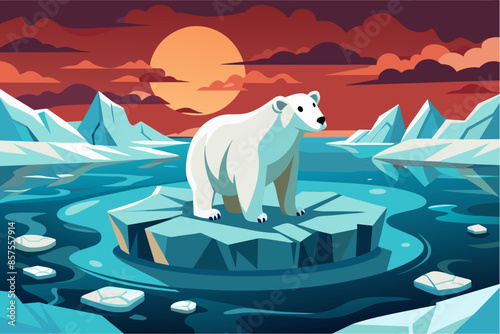 A polar bear stands on an ice floe in the Arctic landscape.