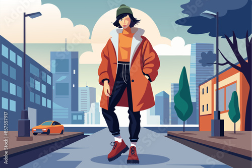 A woman in a vibrant coat strolling down the street.