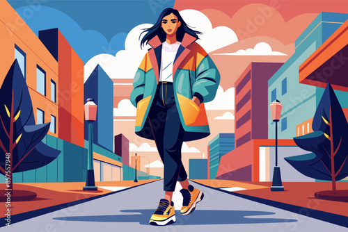 A woman in a vibrant coat strolling down the street.