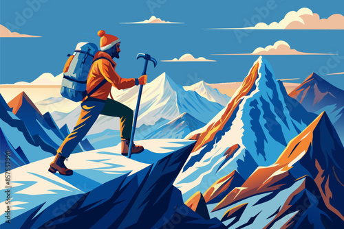 A man with a backpack and hiking poles standing triumphantly on a mountain summit.