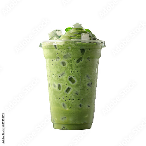 Matcha green tea frappuccino on the go cup with ice on transparent background photo