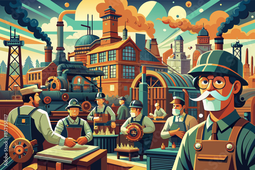 Engineers work on a large airship inside a bustling industrial hangar.