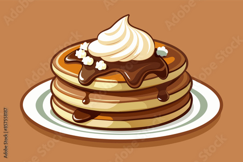Pancakes topped with whipped cream and chocolate sauce, a delicious treat for breakfast or dessert.