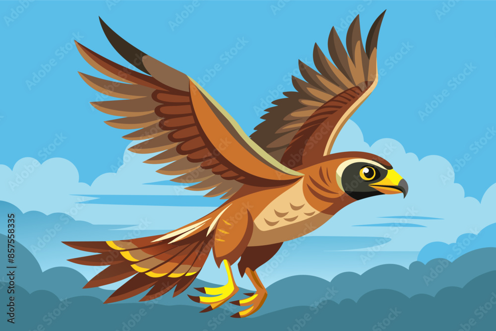 Fototapeta premium A colorful cartoon bird soaring through the sky with its wings spread wide.