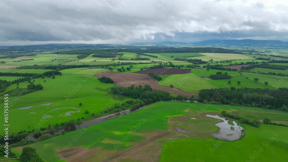 Farms and Fields over River Eden and River Eamont from a drone, Cumbria, England Farms and Fields over River Eden and River Eamont from a drone, Cumbria, England