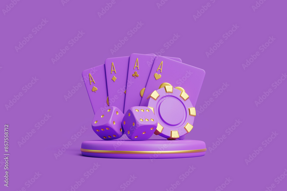 Fototapeta premium A vibrant image of poker cards, dice, and a purple chip, symbolizing gambling, luck, and casino games on a violet background. 3D render illustration