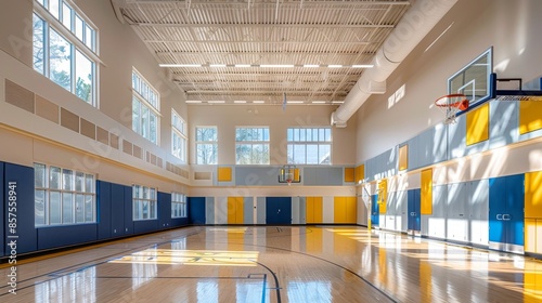 Modern Indoor Basketball Court with Bright Natural Light, Generative AI