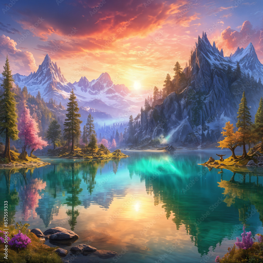 Obraz premium A serene landscape with a tranquil lake surrounded by majestic mountains, under a beautiful sunset sky.