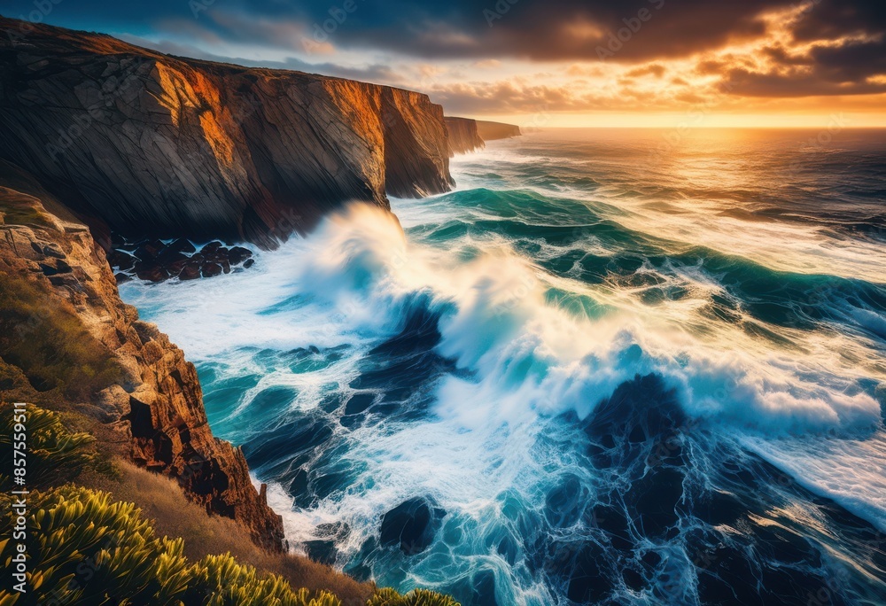 Obraz premium dramatic cliffside overlooking crashing ocean coastal landscape nature scene, waves, sea, shoreline, majestic, rugged, seaside, scenery, picturesque, horizon