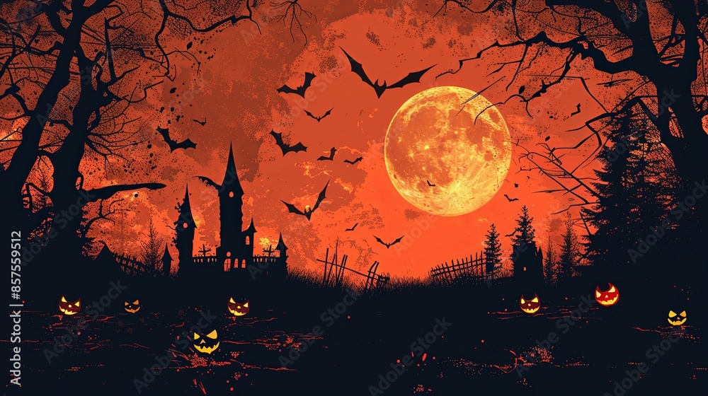 A haunting silhouette scene of bats flying over a haunted castle with a bright orange moon in the background, surrounded by glowing jack-o'-lanterns and eerie, bare trees. A haunting silhouette scene of bats flying over a haunted castle with a bright orange moon in the background, surrounded by glowing jack-o'-lanterns and eerie, bare trees.