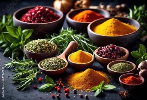 vibrant fresh herbs spices scattered dark surface culinary ingredients cooking concept, basil, coriander, cumin, dill, fennel, garlic, ginger, lemongrass, mint