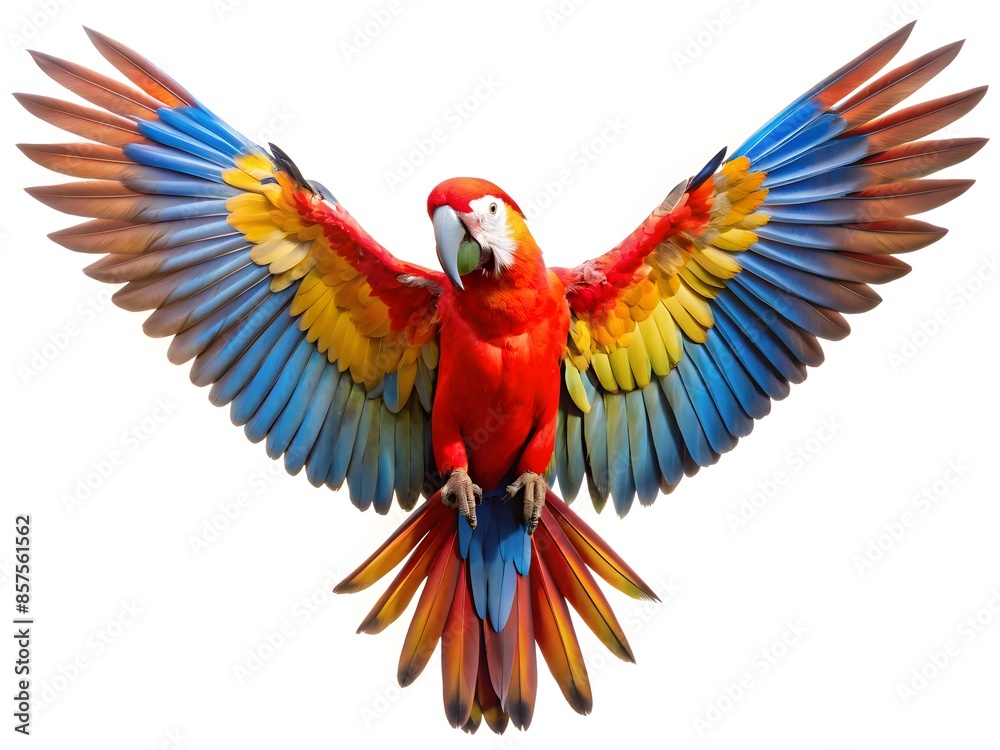 Fototapeta premium A Brightly Colored Parrot With Its Wings Spread Wide In Flight Against A White Background