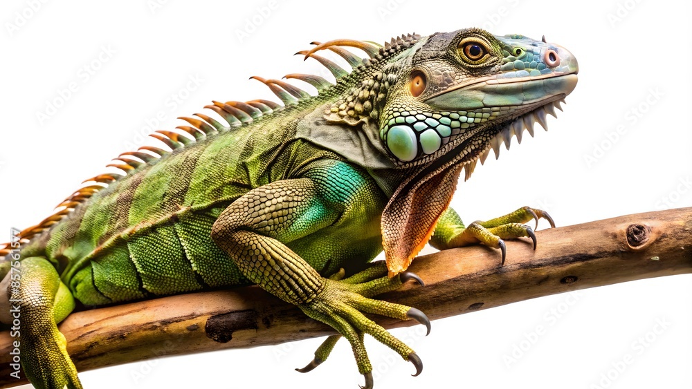 Fototapeta premium A Green Iguana Perches On A Branch, Its Vibrant Colors Standing Out Against The White Background.