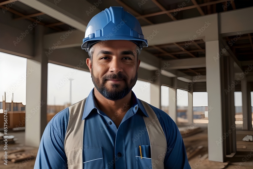 a Professional Blue-Collar Builder: Portrait, Handsome Construction Worker, Hard Hat, Confidence, On-Site, Laborer, Skilled, Tradesman, Safety, Uniform, Tools, Engineer, Foreman, Expertise, Manual a Professional Blue-Collar Builder: Portrait, Handsome Construction Worker, Hard Hat, Confidence, On-Site, Laborer, Skilled, Tradesman, Safety, Uniform, Tools, Engineer, Foreman, Expertise, Manual