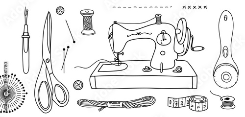 Set of sewing tools, vintage sewing machine, scissors, pins, thread and rotary cutter, buttons, tape measure. Sewing, quilting. Hand drawn doodles