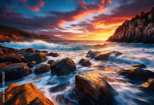 picturesque rocky shore crashing waves, ocean, view, scenic, coastal, beach, shoreline, water, cliffs, landscape, nature, seascape, horizon, coastline, seaside