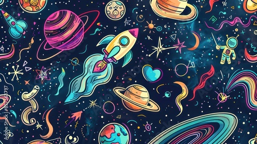 Space rocket illustration design planets and stars element in drawing style