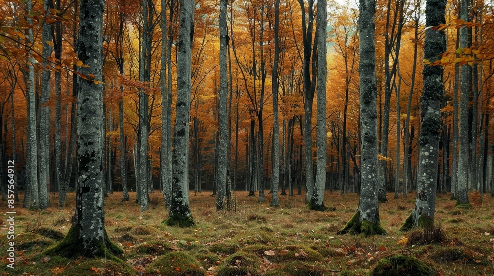 Autumnal forest scene with vibrant orange and lingering green foliage, exuding tranquility and serenity. Autumnal forest scene with vibrant orange and lingering green foliage, exuding tranquility and serenity.