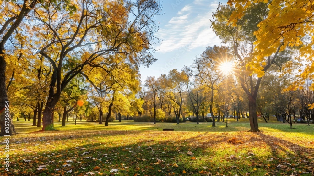 Autumnal park landscape with vibrant yellow trees and falling foliage illuminated by sunlight. Autumnal park landscape with vibrant yellow trees and falling foliage illuminated by sunlight.
