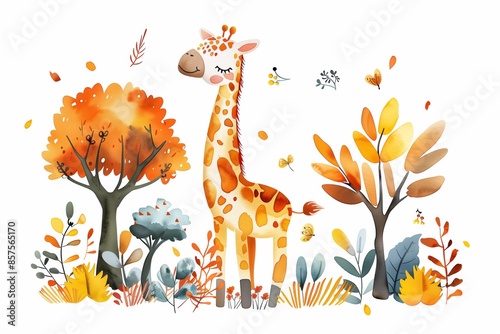 Watercolor illustrations from the collection with a cute giraffe surrounded by flowers, palm trees, shrubs, leaves and other elements highlighted on a white background.