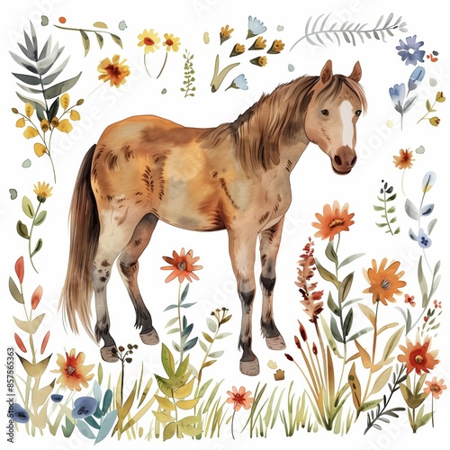 watercolor illustrations from the collection with a cute horse surrounded by flowers, grass, straw, trees and other elements highlighted on a white.