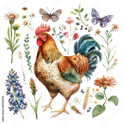 Wallpaper Mural watercolor illustrations from the collection with a cute chicken surrounded by flowers, eggs, herbs, berries, grains, butterflies, dragonflies and other elements isolated on a white background. Torontodigital.ca