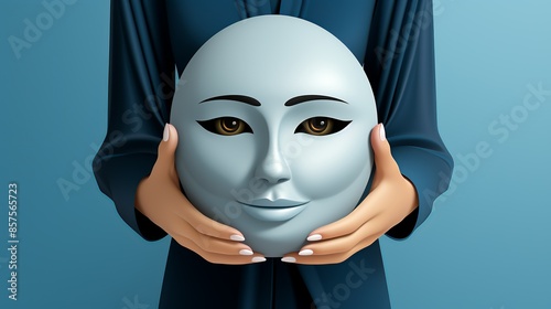 A person holding a mask in front of their face, with a smiling expression on the mask and a stressed, anxious face behind it, symbolizing the faÃ§ade often worn in public. Illustration, Minimalism, photo