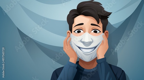 A person holding a mask in front of their face, with a smiling expression on the mask and a stressed, anxious face behind it, symbolizing the faÃ§ade often worn in public. Illustration, Minimalism, photo