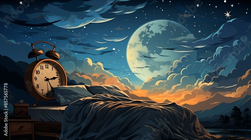 A person lying in bed wide awake in the middle of the night, staring at the ceiling, with a clock showing 3 AM, capturing the essence of insomnia and restless nights. Illustration, Minimalism,