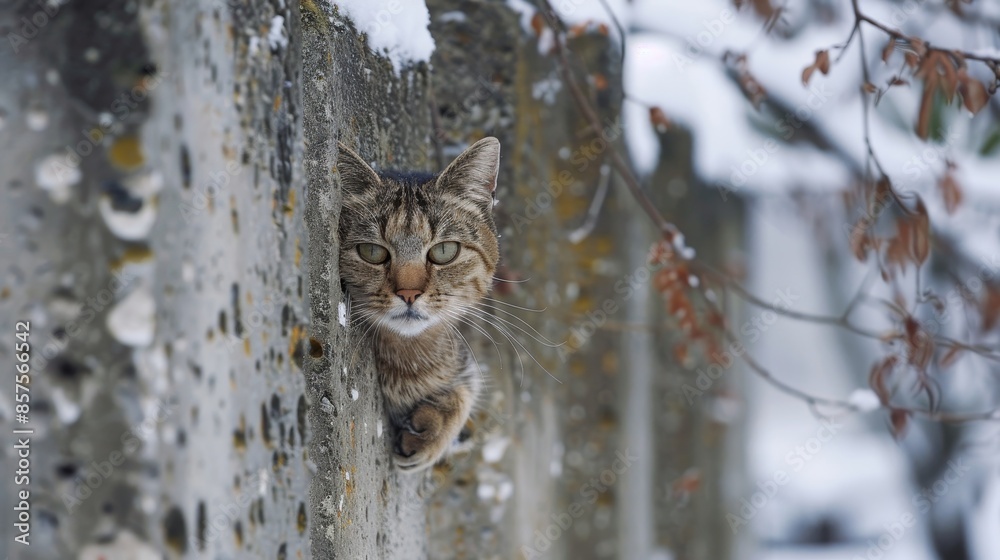 Concrete fence-confined cat endures a dull winter day with lackluster eyes. Concrete fence-confined cat endures a dull winter day with lackluster eyes.