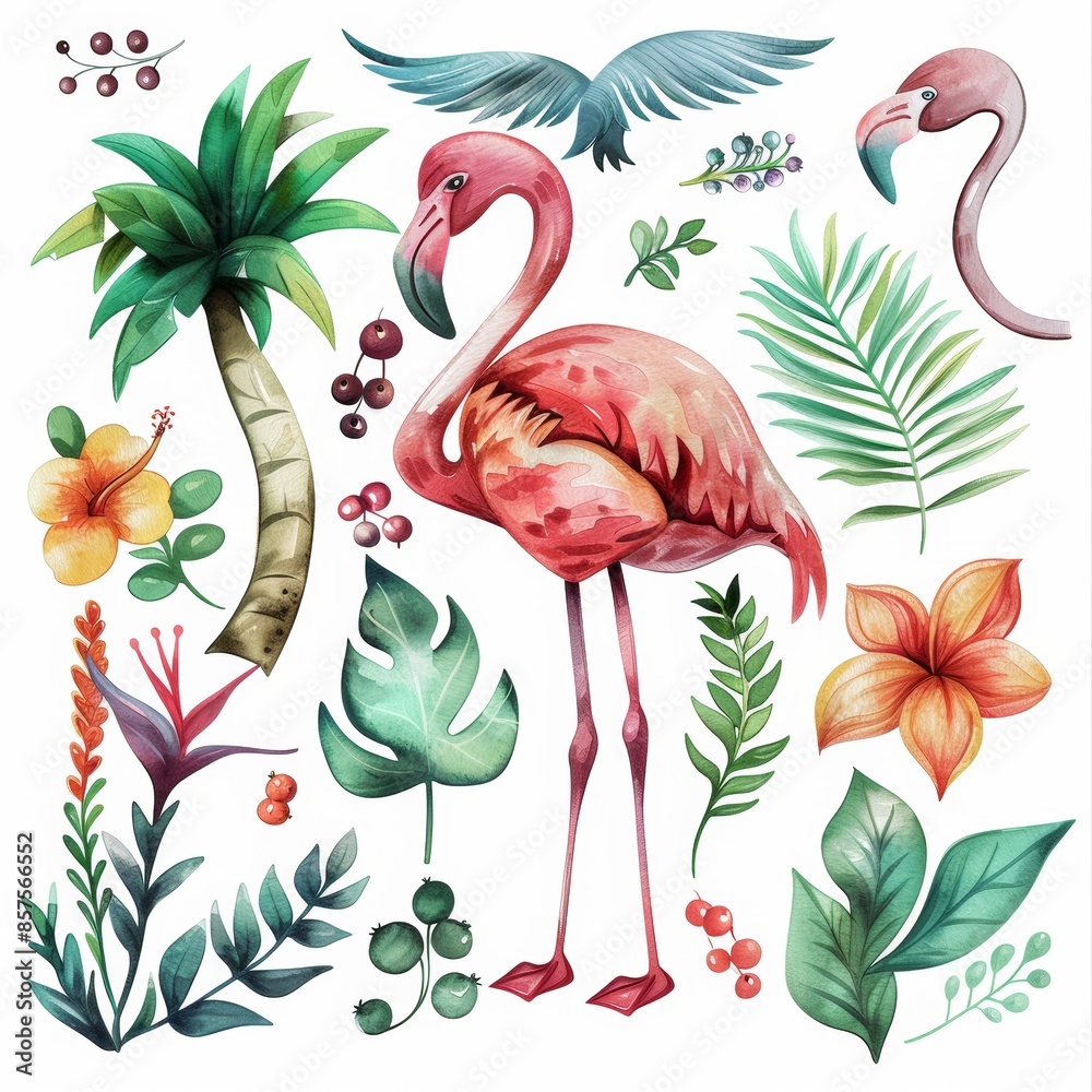 Fototapeta premium watercolor illustrations from the collection with a cute flamingo surrounded by flowers, palm trees, berries, leaves and trees and other elements isolated on a white background.