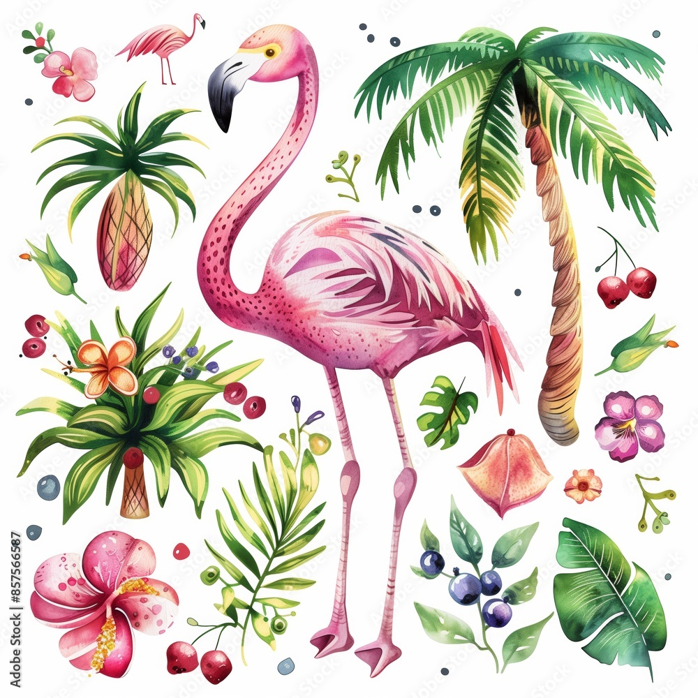 Obraz premium watercolor illustrations from the collection with a cute flamingo surrounded by flowers, palm trees, berries, leaves and trees and other elements isolated on a white background.