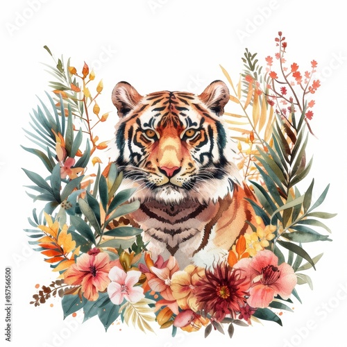 watercolor illustrations from the collection with a cute tiger surrounded by flowers, palm trees, shrubs, leaves and other elements isolated on a white background.