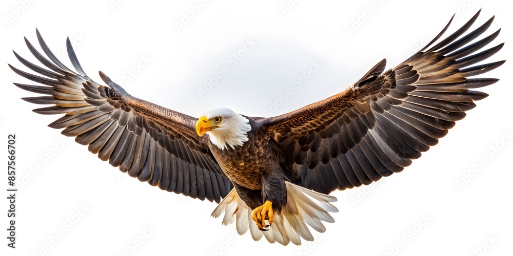 Obraz premium Soaring High Above The Land, The Majestic Bald Eagle Is A Symbol Of Strength, Freedom, And Courage.