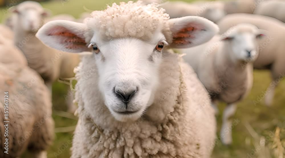 White fluffy sheep farm portrait looking at camera White fluffy sheep farm portrait looking at camera