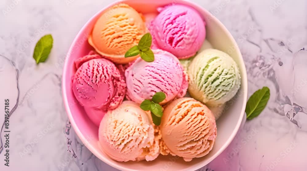 Top view ice creams scoops that various flavor in white bowl Top view ice creams scoops that various flavor in white bowl
