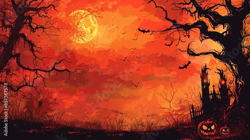 Silhouetted against an ominous orange sky, barren trees loom creepily, as bats fly around a haunted castle and carved pumpkins light up the eerie scene. photo