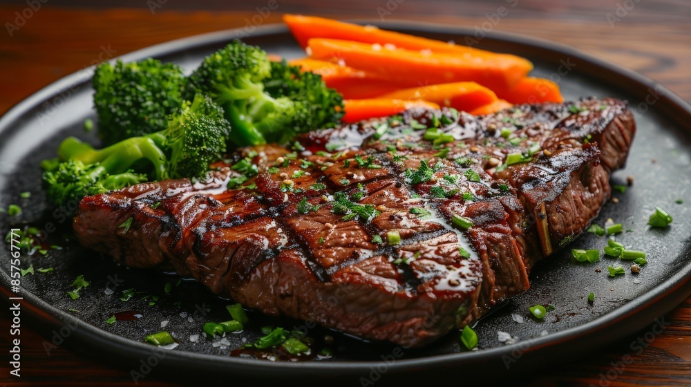 Steak being served with a side of steamed broccoli and carrots Steak being served with a side of steamed broccoli and carrots