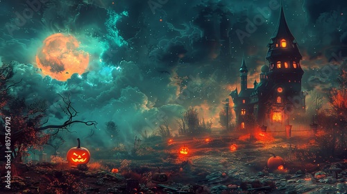 A towering gothic mansion stands ominously under the full moonlight, with glowing pumpkins scattered in the yard and an eerie, foggy atmosphere filling the scene.