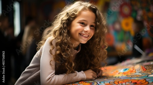 A child engaging in a mindful coloring activity with friends at school, sharing smiles and colorful pages, demonstrating the collective joy and calm of creative play. Illustration, Minimalism,